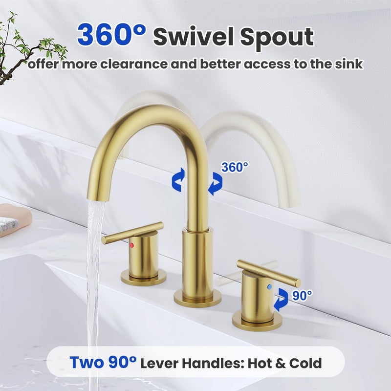Hurran Bathroom Faucets for 3 Hole Sinks, 8 Inch Brushed Gold Double Handle Bathroom Sink Faucet with 360° Rotating Spout & Pop-Up Drain, Widespread Faucet Suitable for Vanity, RV & Outdoor Sinks - Image 4